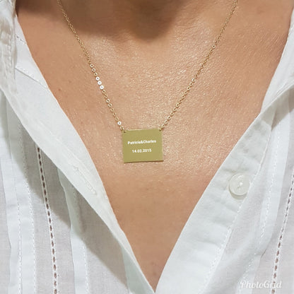 14K Gold Rectangle Plate Engravable Customize Memorial Personalized Forever Remember Name Date Text Charm Delicate Initial Trendy Pendant Necklace Best Birthday Anniversary Gift for Women