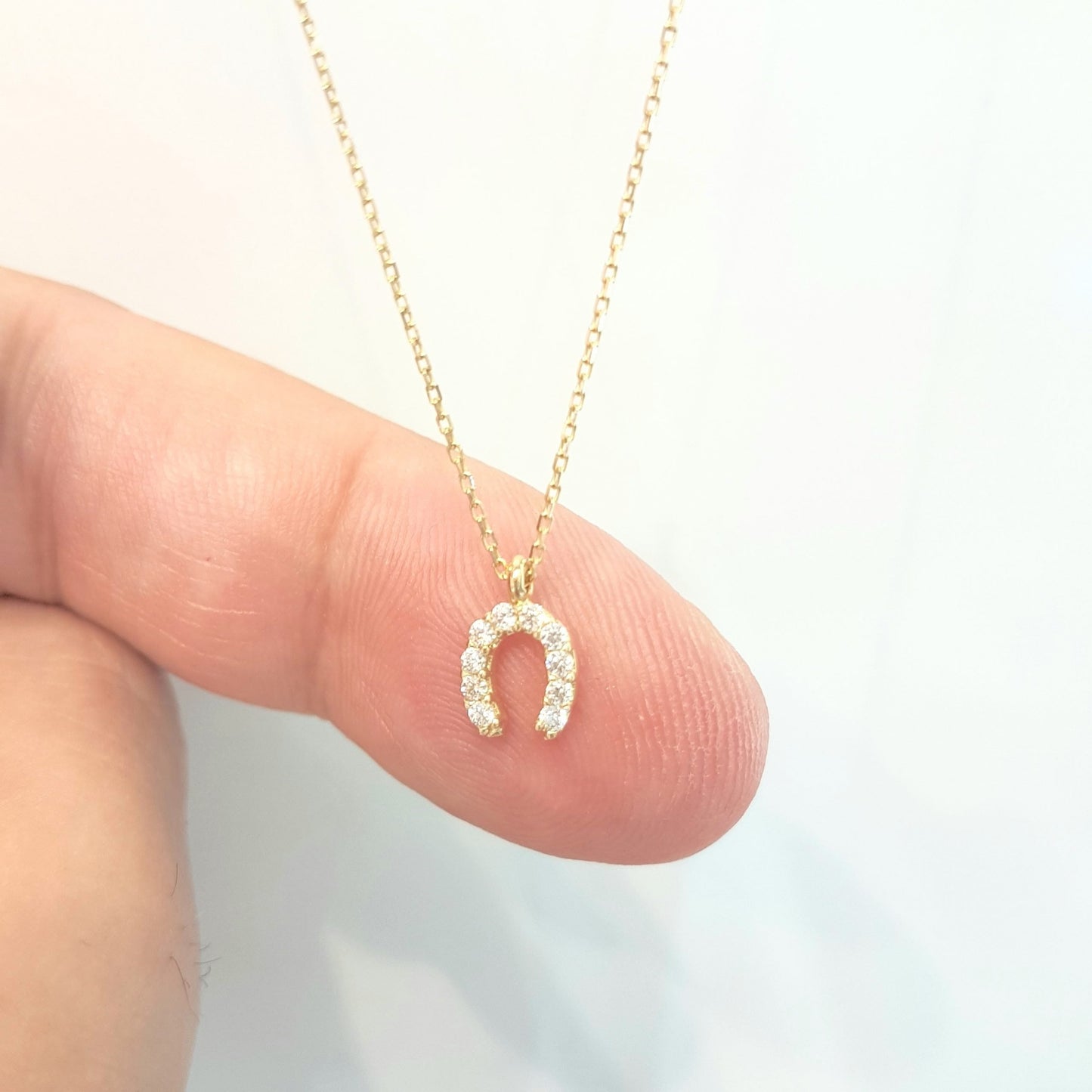Horseshoe Pendant Necklace 14K Real Solid Gold with White Zirconia Stones Cute Charm Dainty Delicate Trendy Elegant Lucky Birthday Gift for Women