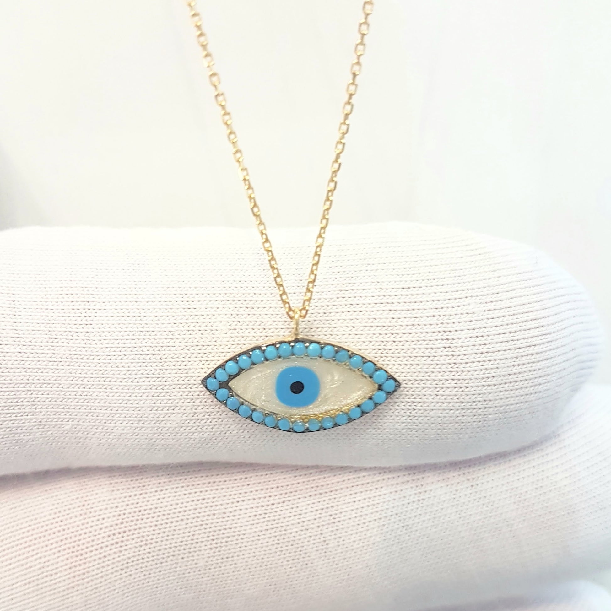 14K Real Solid Gold Lucky Evil Eye with Mother of Pearl Design Charm Dainty Delicate Trendy Turkish Evil Eye Cats Eye Faith Protection Pendant Necklace for Women Nazar