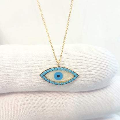 14K Real Solid Gold Lucky Evil Eye with Mother of Pearl Design Charm Dainty Delicate Trendy Turkish Evil Eye Cats Eye Faith Protection Pendant Necklace for Women Nazar