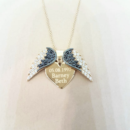 14K Real Solid Gold Elegant Double Angel Wings and Heart Shape Memorial Personalized Forever Remember Names Dates Charm Pendant Necklace Best Birthday Gift for Women