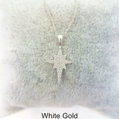14K Real Solid Gold North Star Pendant Necklace with White Zirconia Stones Cute Charm Dainty Delicate Trendy Elegant Best Birthday Christmas Gift for Women Wife Her Grandma Girls
