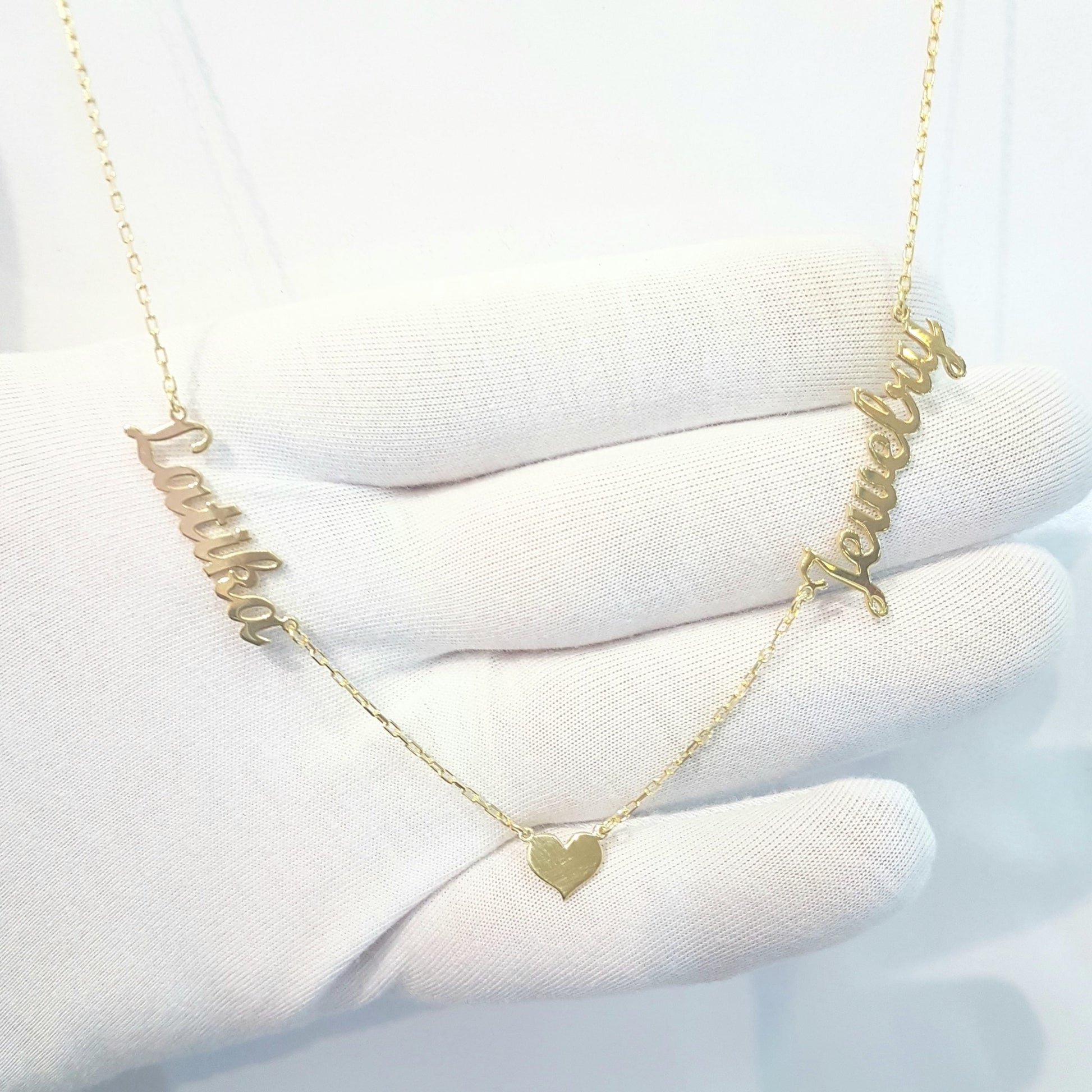 Two Name Necklace with Heart , Couples Name Necklace , Gold Name Necklace , Personalized jewelry , Personalized Name Necklace with Heart