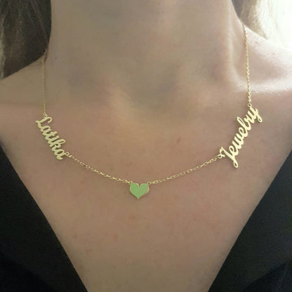 Two Name Necklace with Heart , Couples Name Necklace , Gold Name Necklace , Personalized jewelry , Personalized Name Necklace with Heart