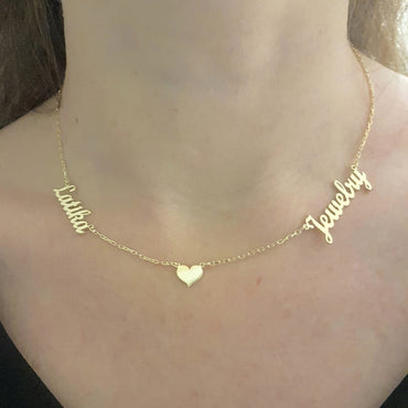 Two Name Necklace with Heart , Couples Name Necklace , Gold Name Necklace , Personalized jewelry , Personalized Name Necklace with Heart