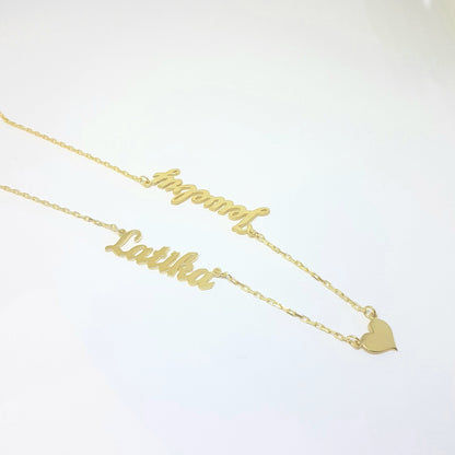 Two Name Necklace with Heart , Couples Name Necklace , Gold Name Necklace , Personalized jewelry , Personalized Name Necklace with Heart
