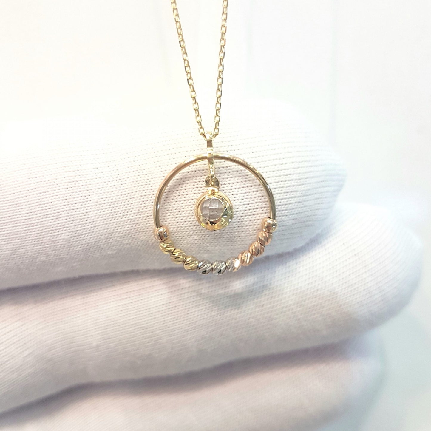 14K Gold Circle Ring With Itallian Balls and Swinging Cubic Zirconia Stone Pendant Necklace for Women Turkish Handmade Jewelry