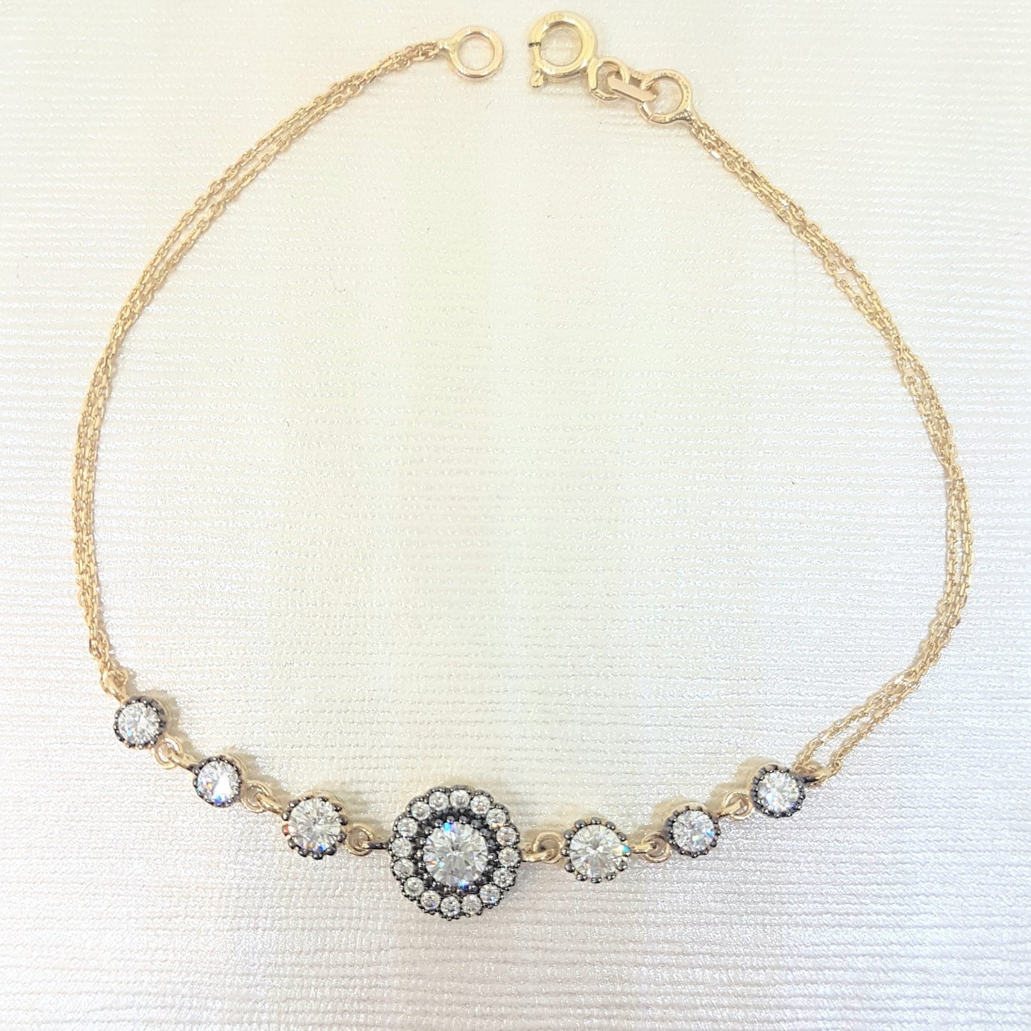 Round Halo Bracelet 14K Real Solid Yellow Gold Dainty Charm Diamond Style with Zirconia Stones for Women