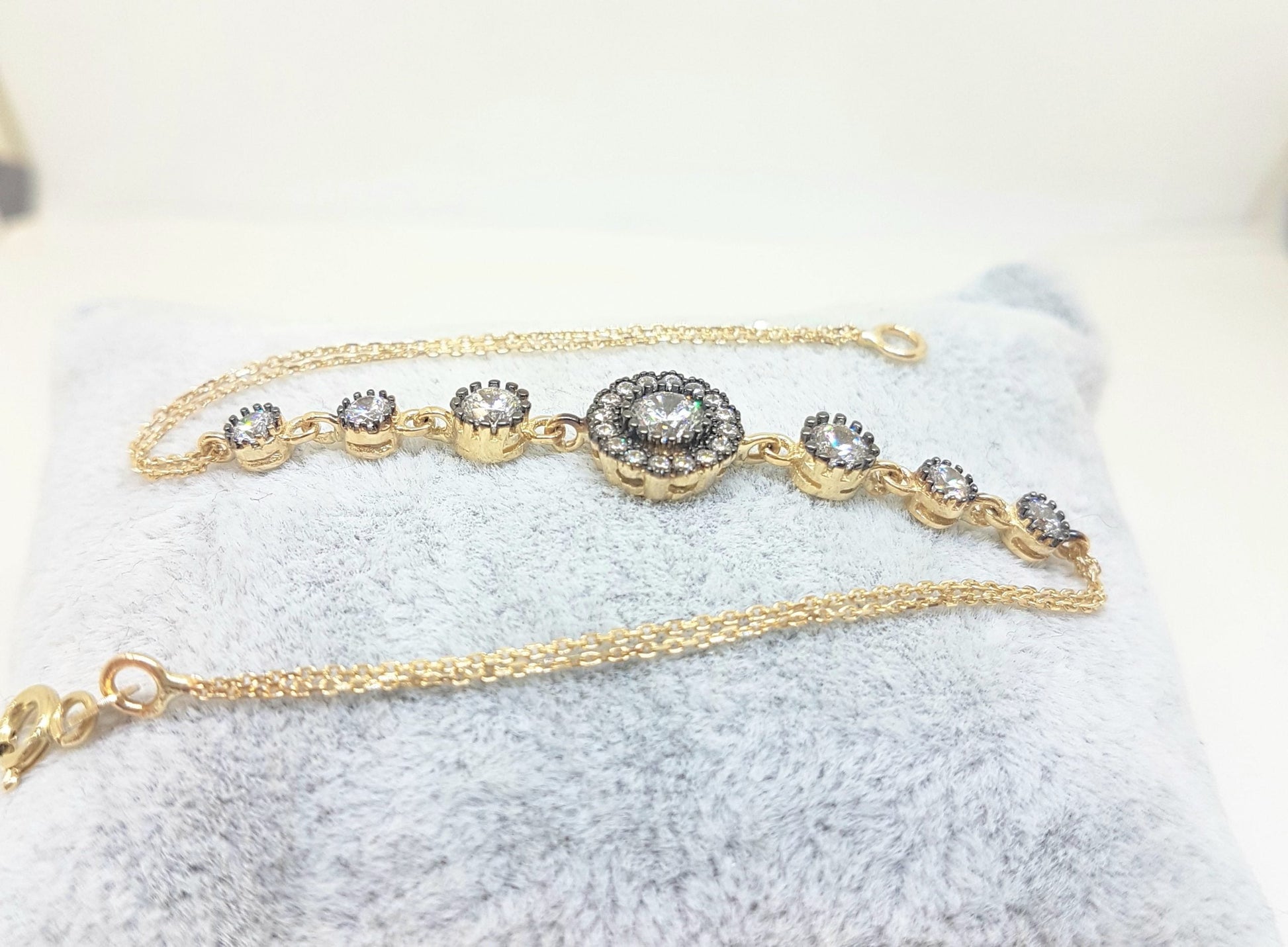 Round Halo Bracelet 14K Real Solid Yellow Gold Dainty Charm Diamond Style with Zirconia Stones for Women