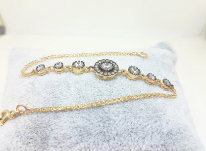 Round Halo Bracelet 14K Real Solid Yellow Gold Dainty Charm Diamond Style with Zirconia Stones for Women