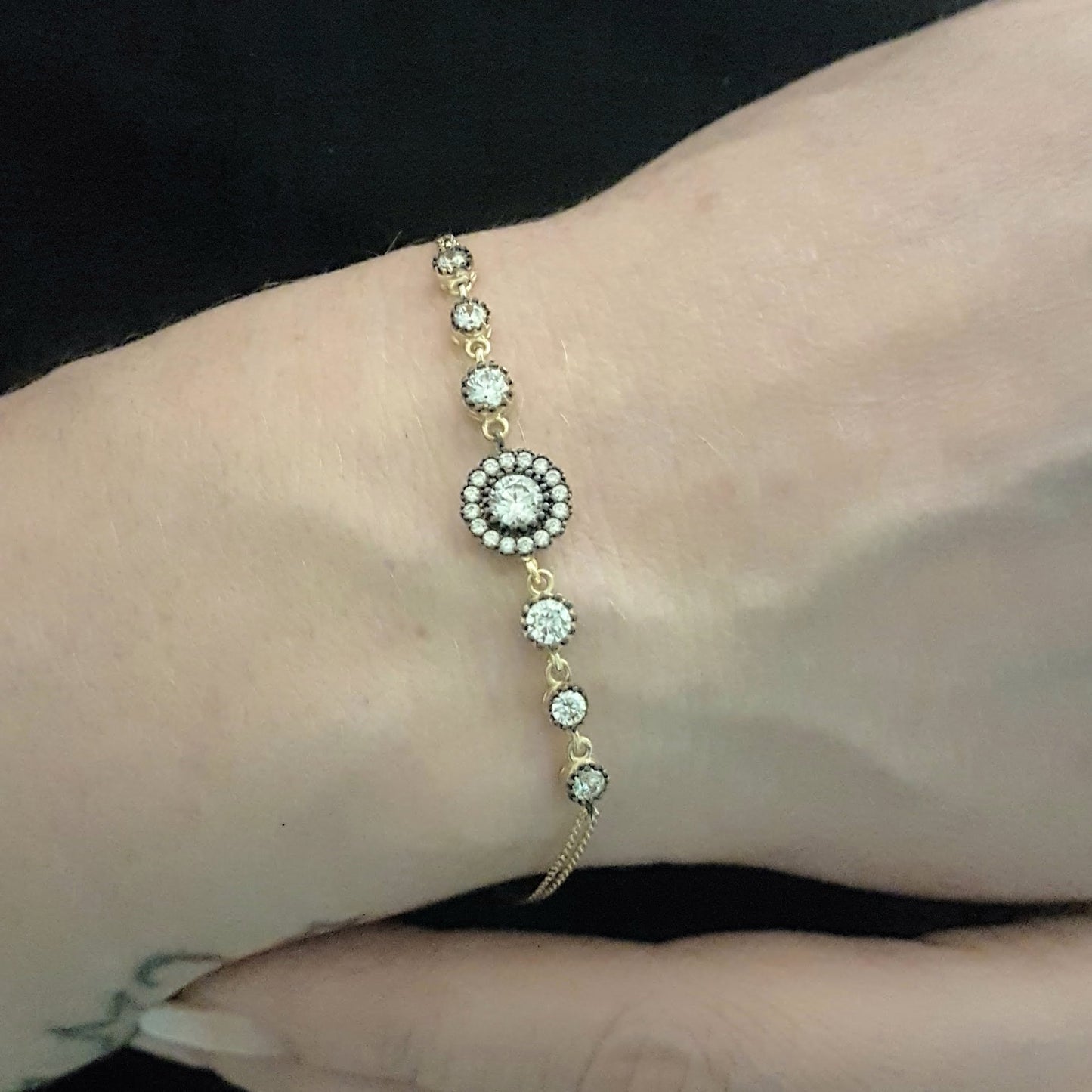 Round Halo Bracelet 14K Real Solid Yellow Gold Dainty Charm Diamond Style with Zirconia Stones for Women