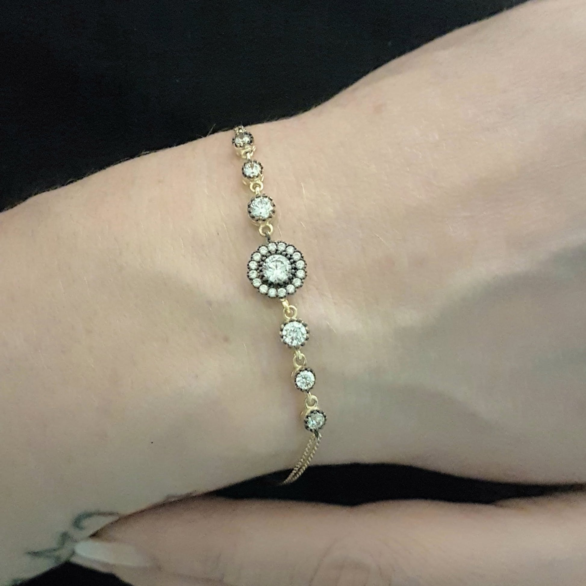 Round Halo Bracelet 14K Real Solid Yellow Gold Dainty Charm Diamond Style with Zirconia Stones for Women