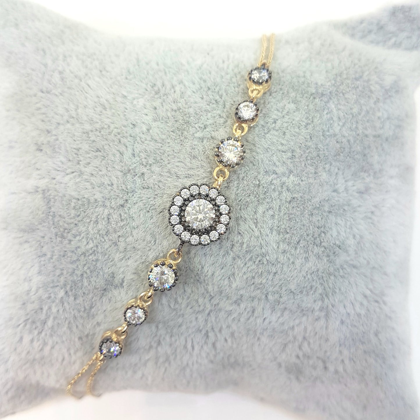 Round Halo Bracelet 14K Real Solid Yellow Gold Dainty Charm Diamond Style with Zirconia Stones for Women