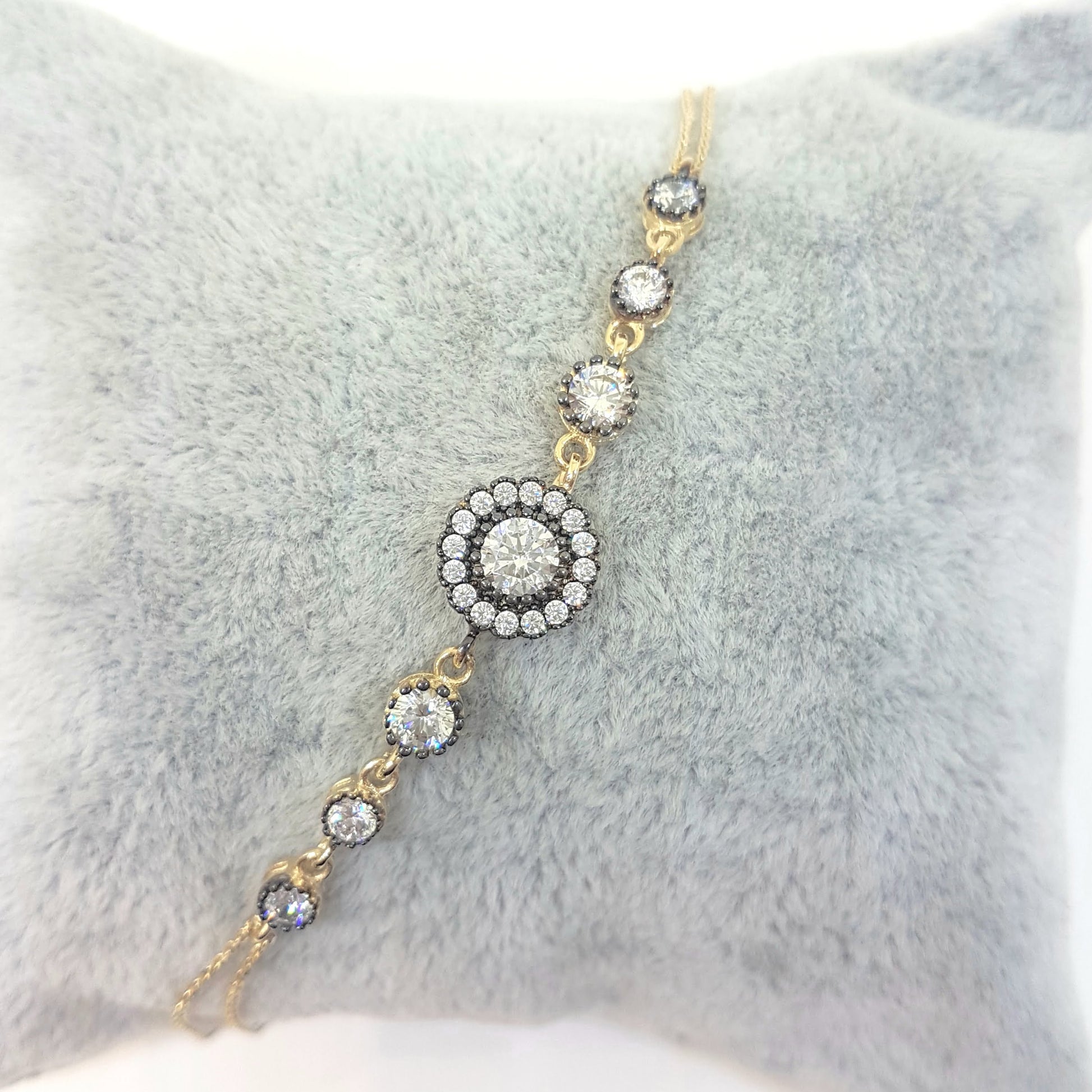 Round Halo Bracelet 14K Real Solid Yellow Gold Dainty Charm Diamond Style with Zirconia Stones for Women