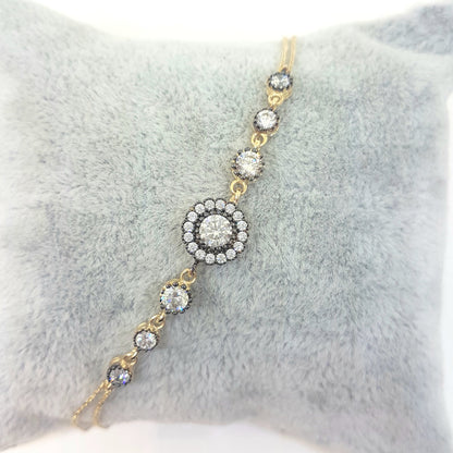 Round Halo Bracelet 14K Real Solid Yellow Gold Dainty Charm Diamond Style with Zirconia Stones for Women