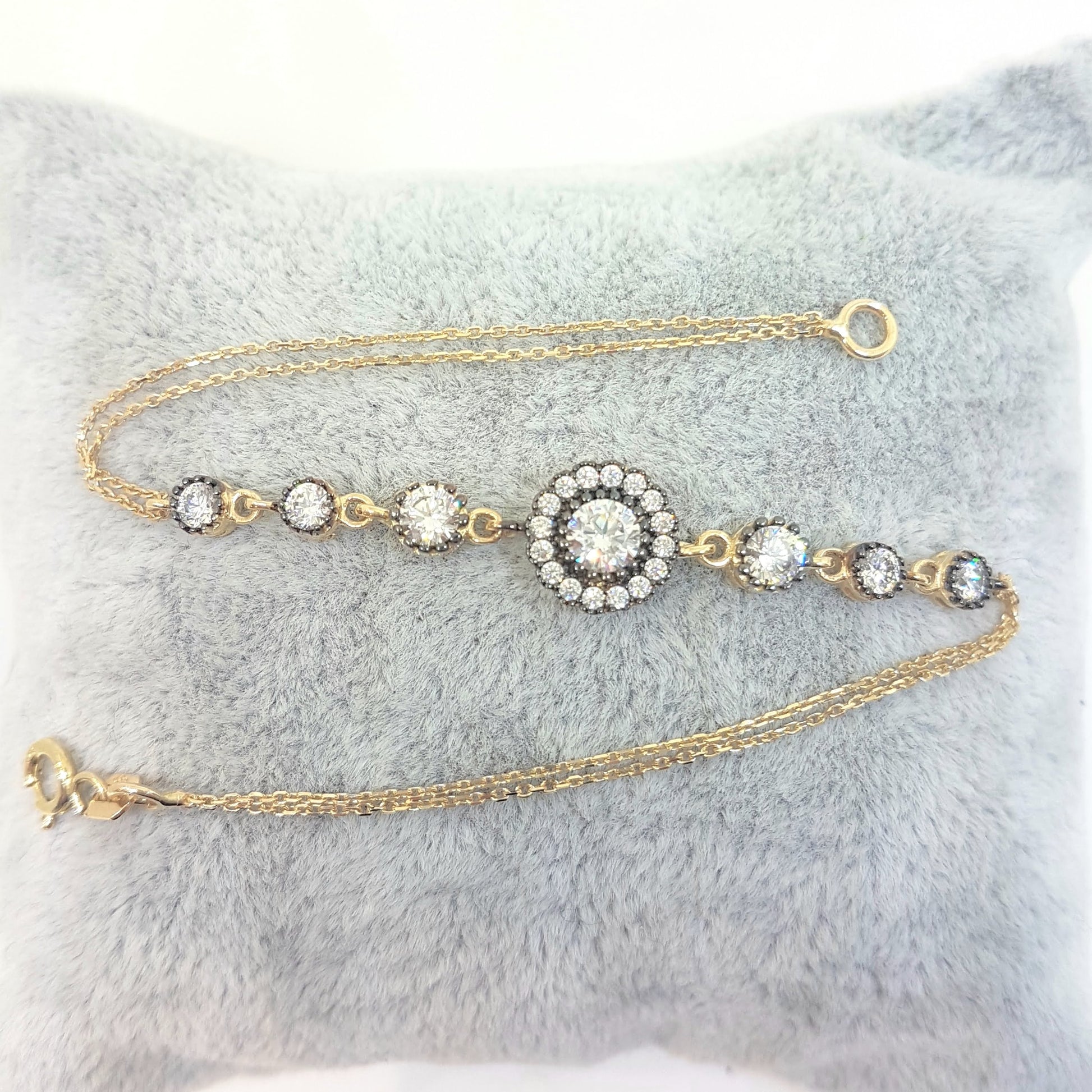 Round Halo Bracelet 14K Real Solid Yellow Gold Dainty Charm Diamond Style with Zirconia Stones for Women