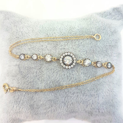 Round Halo Bracelet 14K Real Solid Yellow Gold Dainty Charm Diamond Style with Zirconia Stones for Women