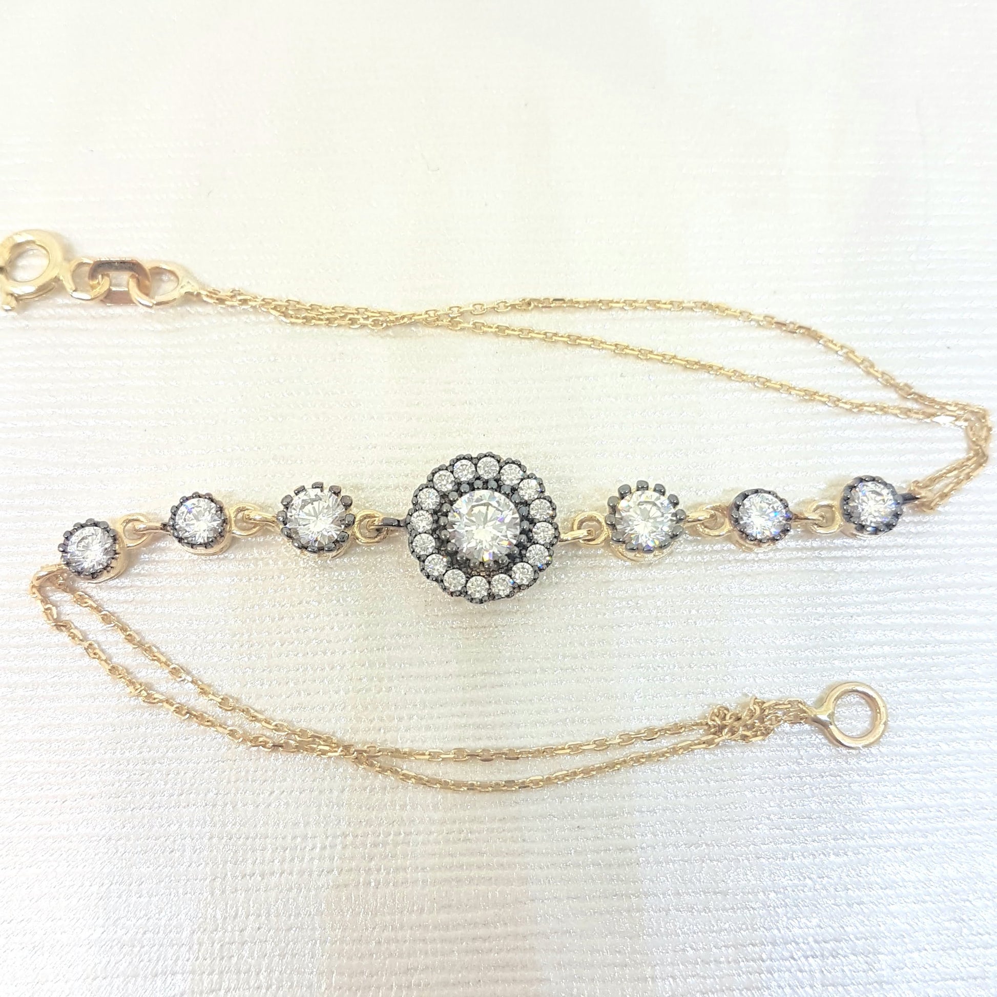 Round Halo Bracelet 14K Real Solid Yellow Gold Dainty Charm Diamond Style with Zirconia Stones for Women