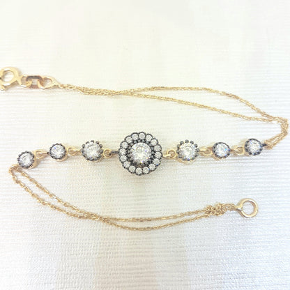 Round Halo Bracelet 14K Real Solid Yellow Gold Dainty Charm Diamond Style with Zirconia Stones for Women