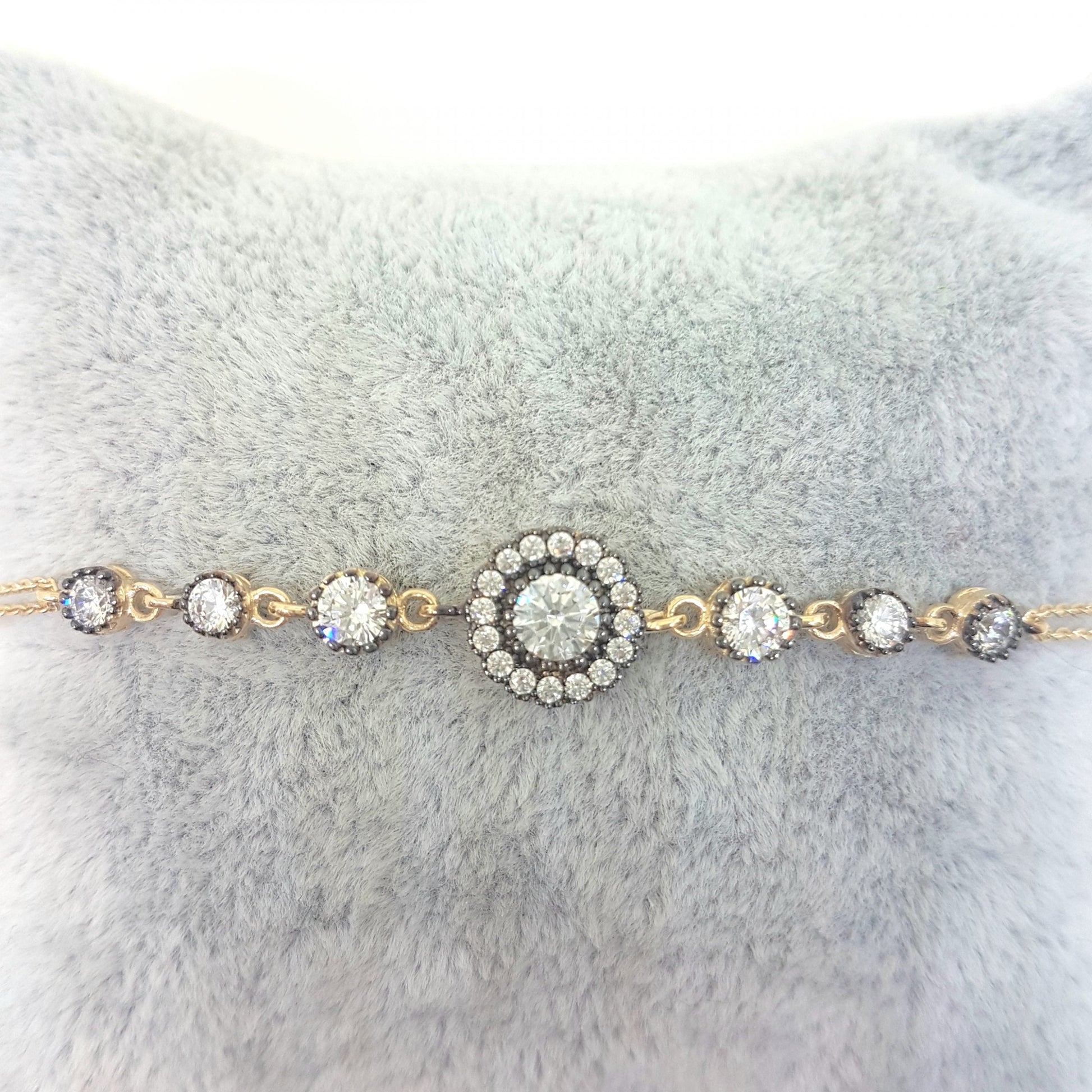 Round Halo Bracelet 14K Real Solid Yellow Gold Dainty Charm Diamond Style with Zirconia Stones for Women