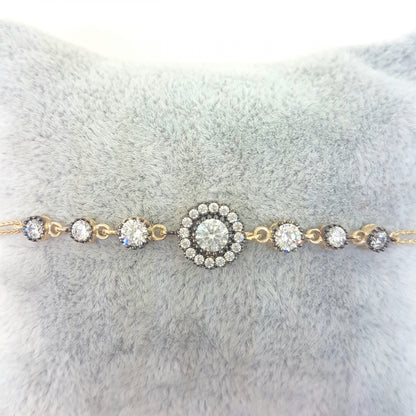 Round Halo Bracelet 14K Real Solid Yellow Gold Dainty Charm Diamond Style with Zirconia Stones for Women