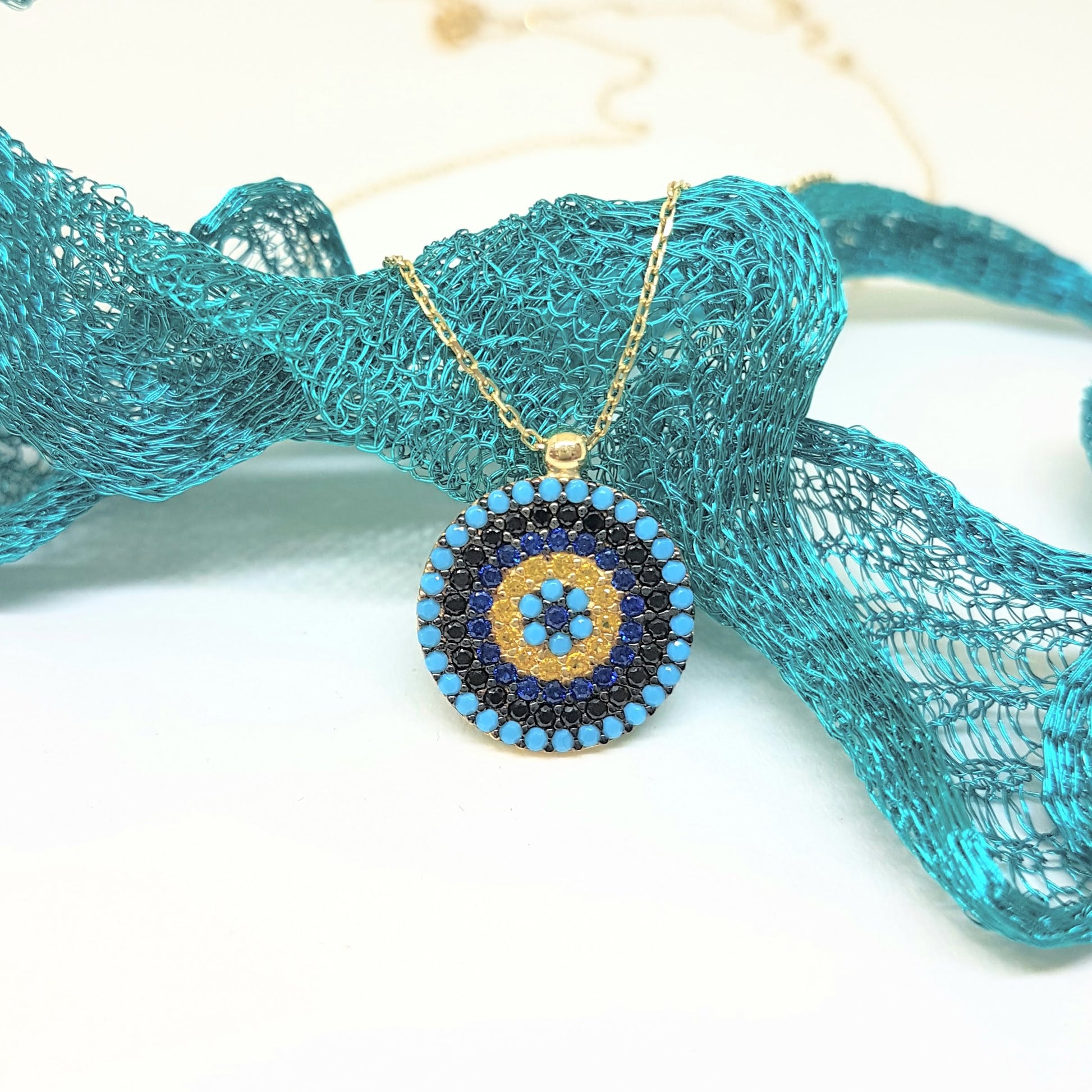 14K Real Gold Round Circle Evil Eye Design with Zirconia Stones Charm Dainty Elegant Delicate Trendy Pendant Necklace best birthday gift for women jewelry girlfriend mom sun sunflower turquoise