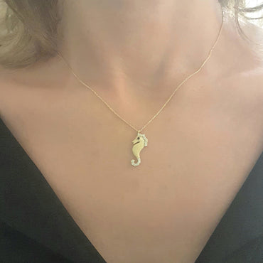 SeaHorse Necklace 14K Real Solid Gold with White Black Zirconia Stones and Textured Body Charm Cute Dainty Delicate Trendy Ocean Pendant for Women