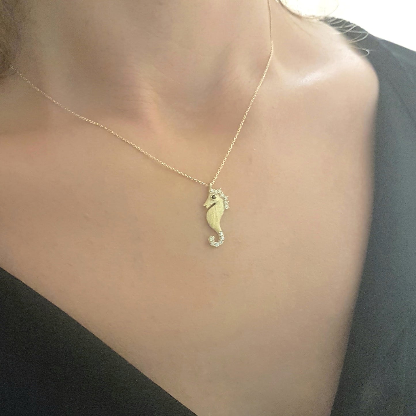 SeaHorse Necklace 14K Real Solid Gold with White Black Zirconia Stones and Textured Body Charm Cute Dainty Delicate Trendy Ocean Pendant for Women
