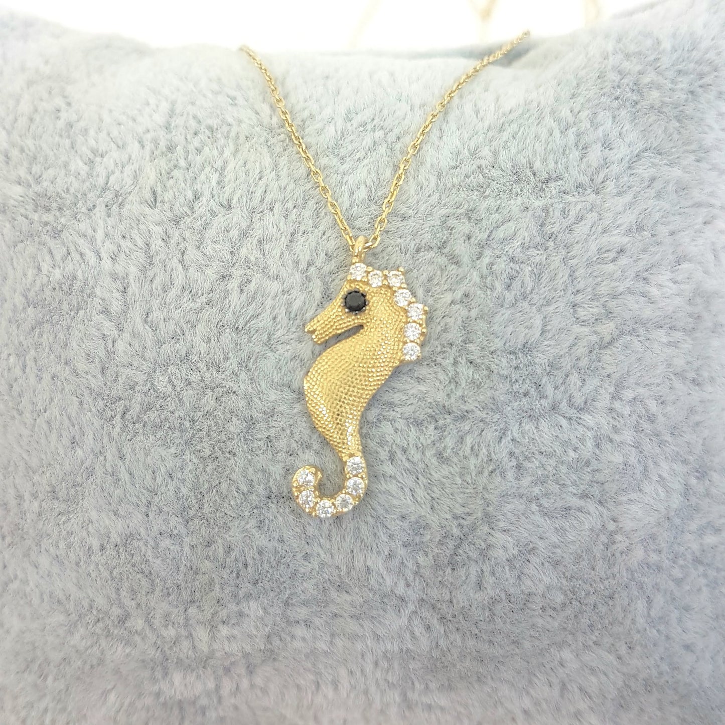 SeaHorse Necklace 14K Real Solid Gold with White Black Zirconia Stones and Textured Body Charm Cute Dainty Delicate Trendy Ocean Pendant for Women