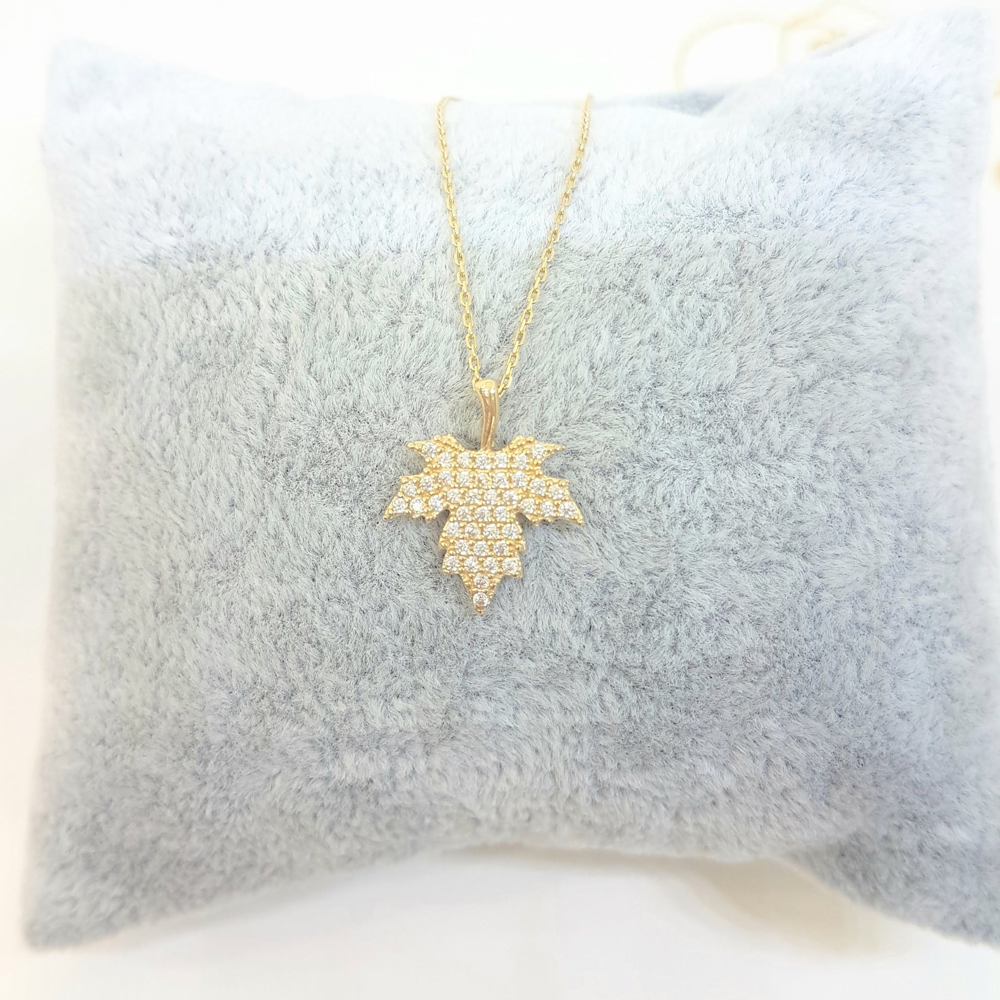 14K Real Solid Gold Long Leaf Pendant Necklace with White Zirconia Stones Cute Charm Dainty Delicate Trendy Elegant Birthday Gift for her women jewelry wife grandma girl Autumn Maple