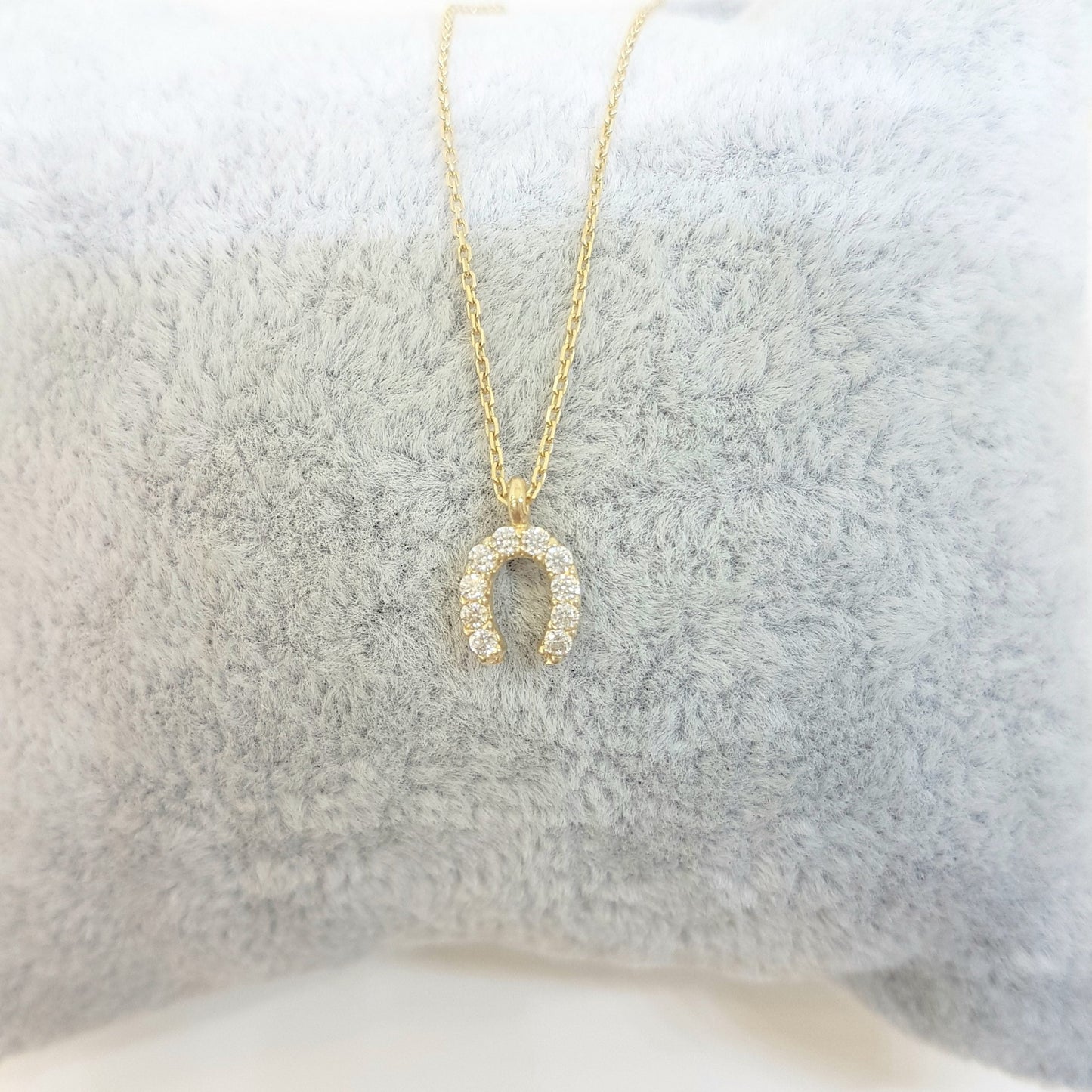 Horseshoe Pendant Necklace 14K Real Solid Gold with White Zirconia Stones Cute Charm Dainty Delicate Trendy Elegant Lucky Birthday Gift for Women