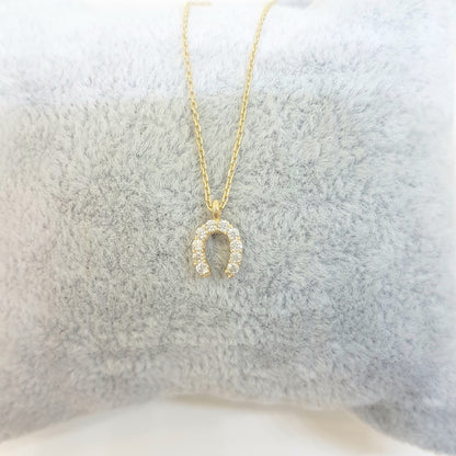 Horseshoe Pendant Necklace 14K Real Solid Gold with White Zirconia Stones Cute Charm Dainty Delicate Trendy Elegant Lucky Birthday Gift for Women