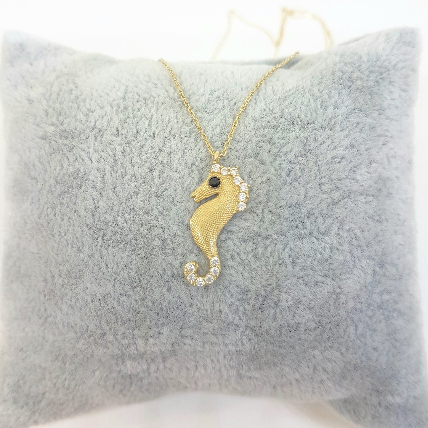 SeaHorse Necklace 14K Real Solid Gold with White Black Zirconia Stones and Textured Body Charm Cute Dainty Delicate Trendy Ocean Pendant for Women