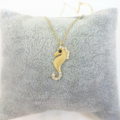 SeaHorse Necklace 14K Real Solid Gold with White Black Zirconia Stones and Textured Body Charm Cute Dainty Delicate Trendy Ocean Pendant for Women