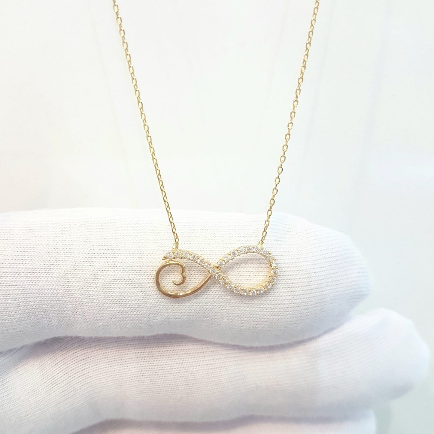 14K Real Solid Gold Infinity Forever Design with White Stones Love Charm Elegant Dainty Delicate Trendy Cute Pendant Necklace best birthday gift Women Jewelry girlfriend