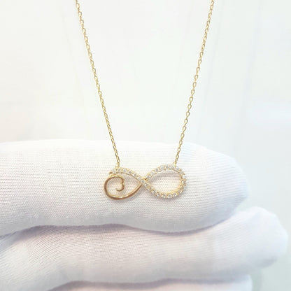 14K Real Solid Gold Infinity Forever Design with White Stones Love Charm Elegant Dainty Delicate Trendy Cute Pendant Necklace best birthday gift Women Jewelry girlfriend