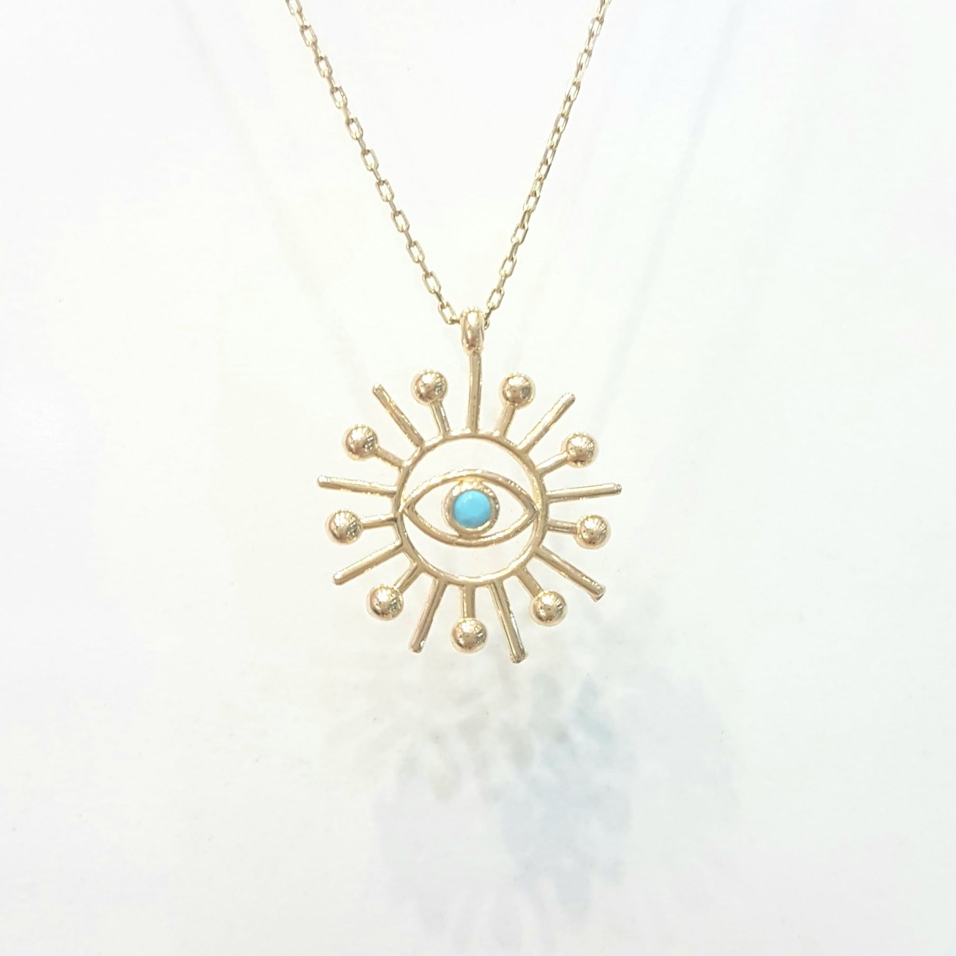 Turquoise Evil Eye Sun Pendant Necklace for Women December Birthstone 14K Real Solid Gold