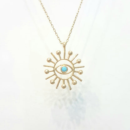 Turquoise Evil Eye Sun Pendant Necklace for Women December Birthstone 14K Real Solid Gold