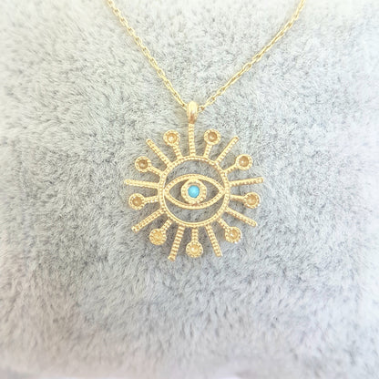 Turquoise Evil Eye Sun Pendant Necklace for Women December Birthstone 14K Real Solid Gold