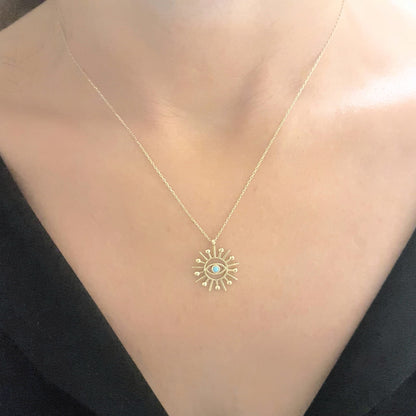 Turquoise Evil Eye Sun Pendant Necklace for Women December Birthstone 14K Real Solid Gold
