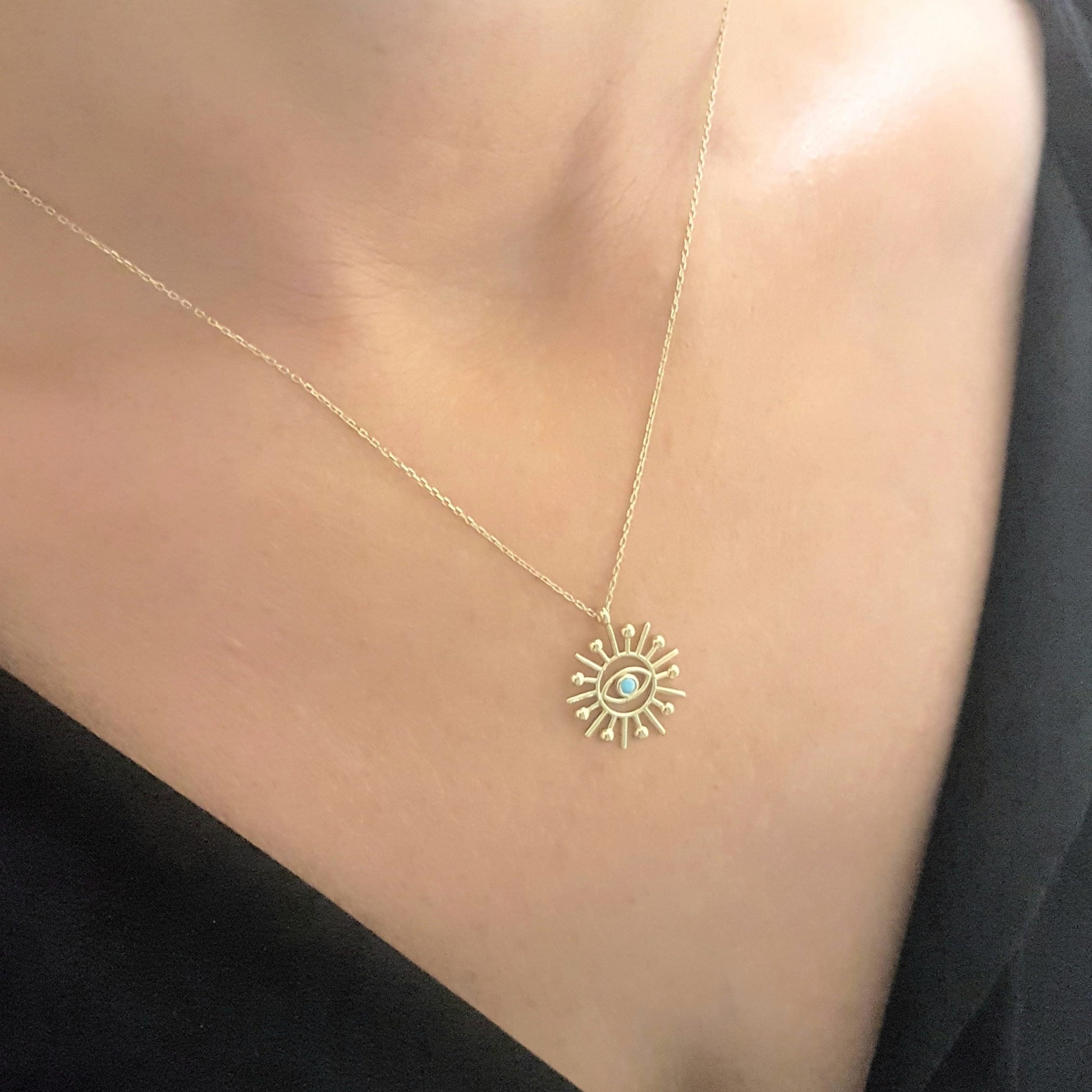 Turquoise Evil Eye Sun Pendant Necklace for Women December Birthstone 14K Real Solid Gold