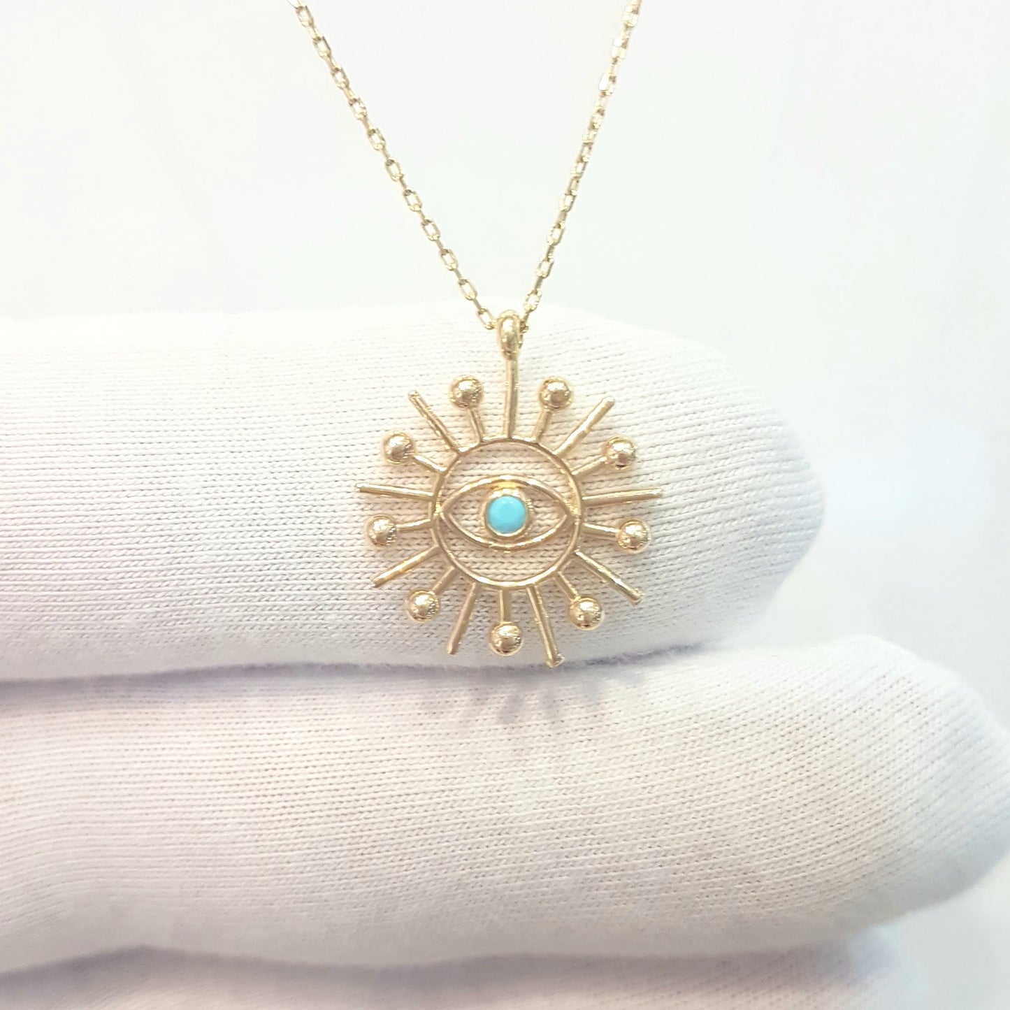Turquoise Evil Eye Sun Pendant Necklace for Women December Birthstone 14K Real Solid Gold