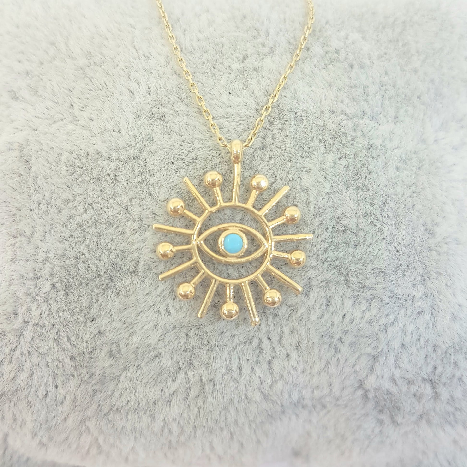 Turquoise Evil Eye Sun Pendant Necklace for Women December Birthstone 14K Real Solid Gold