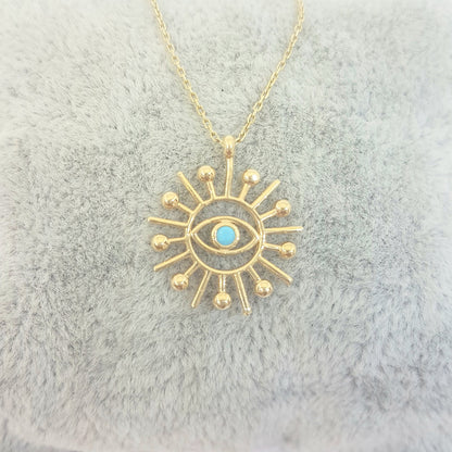 Turquoise Evil Eye Sun Pendant Necklace for Women December Birthstone 14K Real Solid Gold