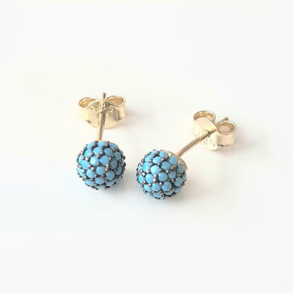 Turquoise Stud Earrings 6mm 14K Gold jewelry for Women Round Ball Design, Best Birthday Gift