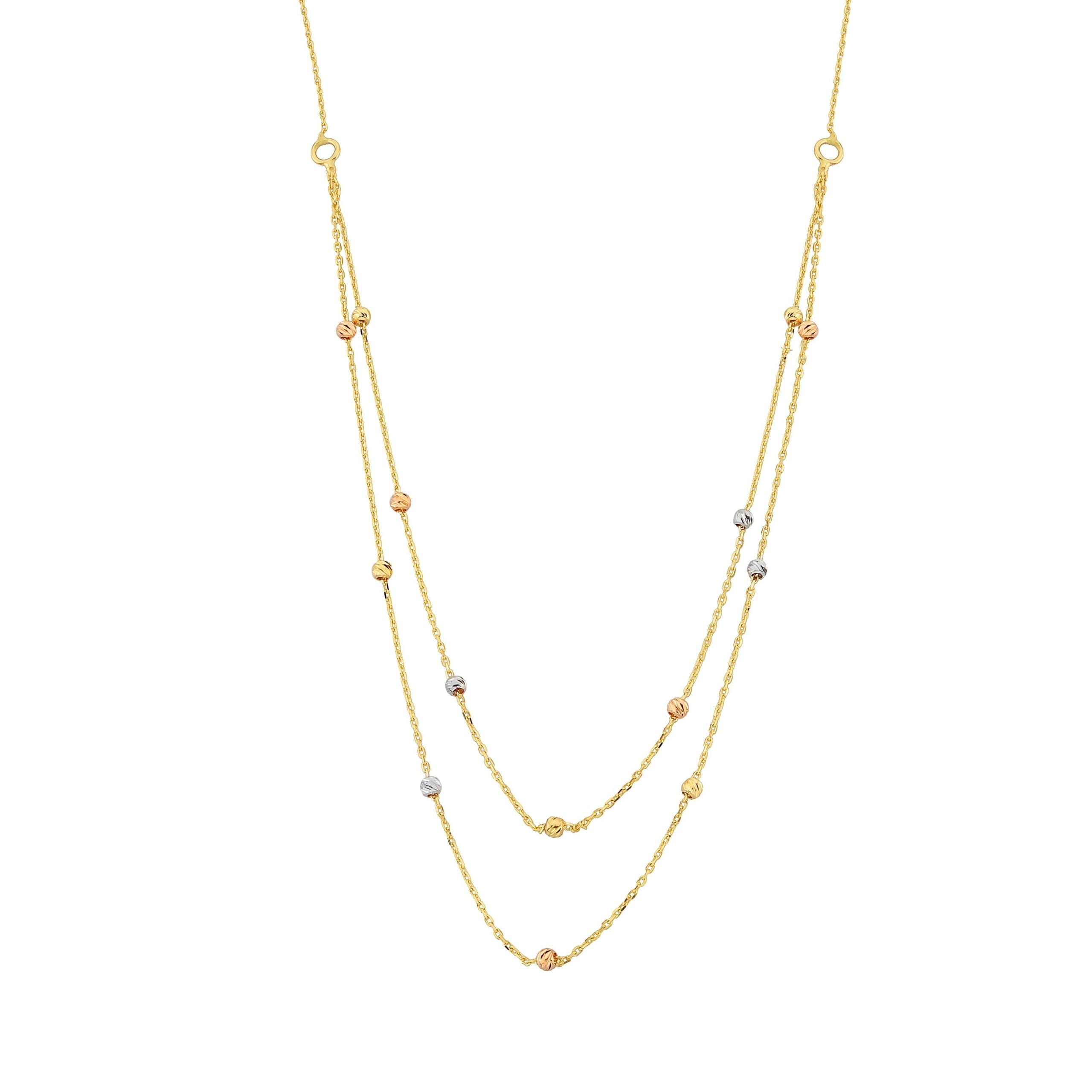 Two Rows Chain Beaded Italian Balls Charm Dainty Delicate Necklace for Women 14K Real Solid Gold Birthday Christmas Mother's Day Gift Jewelry ball layered double