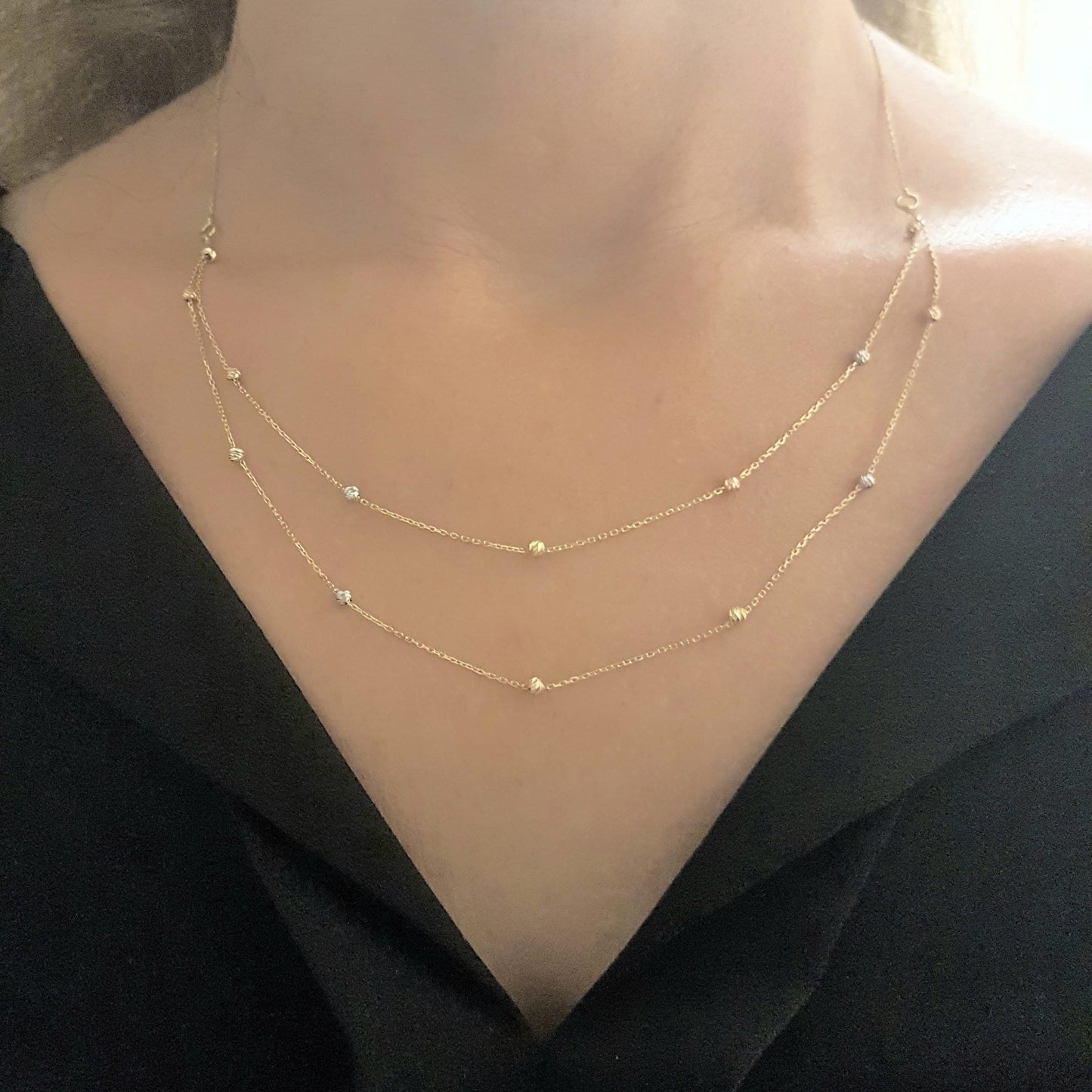 Two Rows Chain Beaded Italian Balls Charm Dainty Delicate Necklace for Women 14K Real Solid Gold double bracelet