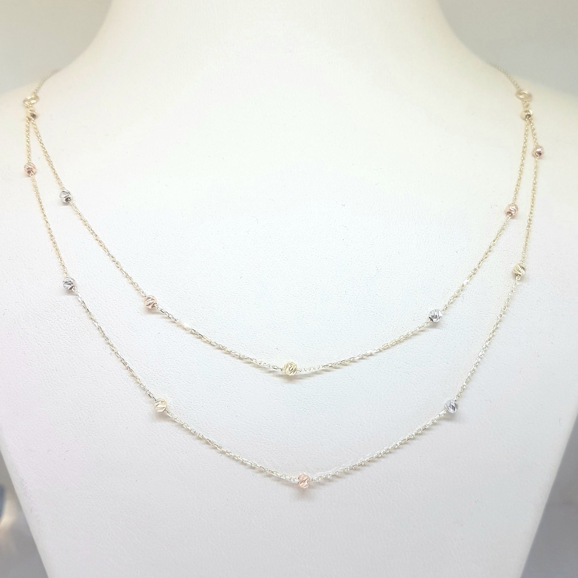 Two Rows Chain Beaded Italian Balls Charm Dainty Delicate Necklace for Women 14K Real Solid Gold