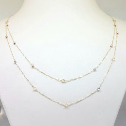 Two Rows Chain Beaded Italian Balls Charm Dainty Delicate Necklace for Women 14K Real Solid Gold