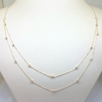 Two Rows Chain Beaded Italian Balls Charm Dainty Delicate Necklace for Women 14K Real Solid Gold